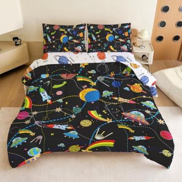 Imagem de Jogo de cama casal para meninos – Conjunto de edredom completo com 5 peças, foguete e planeta galáxia, lavável na máquina, durável – ideia de presente para quarto de meninos e meninas