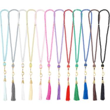 Imagem de DICOSMETIC Colar de rosário islâmico de vidro com contas de oração Tasbih 99 contas de oração com pingente de anzol dourado e decoração de borla presente religioso para mulheres e homens, 43 cm, Vidro