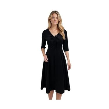 Imagem de Star Vixen Vestido feminino longo com decote em V de 114,3 cm, corpete franzido na frente com laço de espaguete, Preto, PP