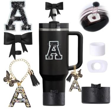 Imagem de Conjunto de 6 peças de acessórios para copos Stanley Pretos, Topper de canudo com laço para Stanley Cup 850 g 1,134 g, incluindo cobertura de palha e bota de silicone com laço, tampas à prova de