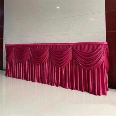 Imagem de Saia de mesa longa opcional de seda gelada de 10/20 pés, saia de mesa plissada colorida com babados e swag para decoração de mesa de buffet de aniversário e casamento, cor bordô, A 75 x L 300 cm (10