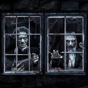 Imagem de Windkream 2 peças de cortina assustadora de Dia das Bruxas sacerdote e freira decoração de silhueta de janela de Halloween fantasma de sangue capa de janela tema de terror pôster para decoração de