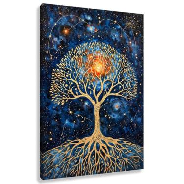 Imagem de Árvore da Vida Arte de Parede Árvore Cósmica Impressão em Tela Azul Dourado Decoração Universo Estrelas Imagens Pintura Espiritual 60x90cmx1