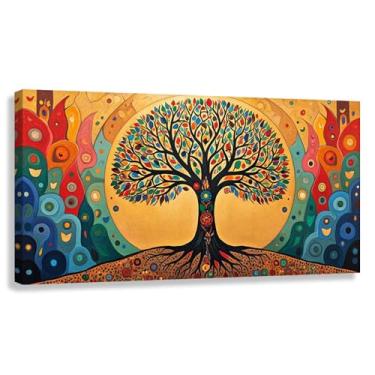 Imagem de Árvore da Vida Arte de parede Impressão em tela Decoração de sala de estar Cores vibrantes Símbolos espirituais 40x20cmx1