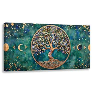 Imagem de Árvore da Vida Arte de Parede Impressão em Tela Decoração Harmonia da Vida Pintura Espiritual Natureza Verde Dourado Sala de Estar 60x30cmx1