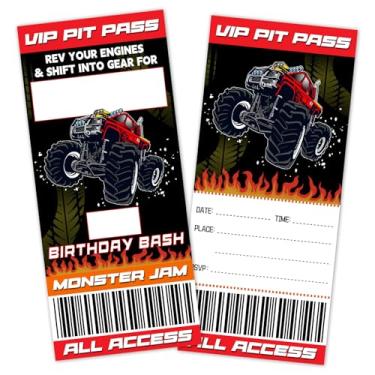 Imagem de Convites de ingressos de festa de aniversário Monster Truck para meninos meninas crianças, convites de aniversário Monster Jam para adolescentes, 20 cartões de convite com envelopes, decorações de
