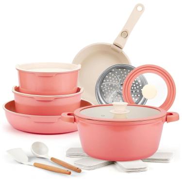 Imagem de Jogo de Panelas e Frigideiras Antiaderentes de Cerâmica com 19 Peças, Cabo Removível e Utensílios de Cozinha, IKTU, Rosa