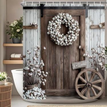 Imagem de Drgilau Cortina de chuveiro rústica para porta de celeiro, cortina de chuveiro de madeira vintage country flores de algodão decoração de cortina de banheiro à prova d'água conjuntos de cortina de
