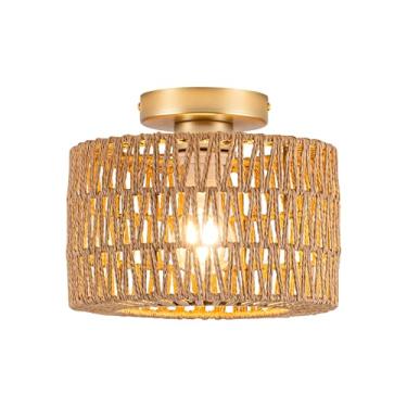 Imagem de Luz de teto de vime, 1 luz boêmia moderna tecida embutida montagem embutida luminária boho para quarto, sala de estar, sala de jantar, acabamento dourado