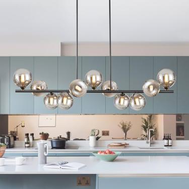 Imagem de Lustres lineares para sala de jantar lustre Sputnik grande de 130 cm luzes pendentes ilha cozinha 11 luzes sala de jantar luminária Sputnik moderno linear globo lustre preto para fazenda cozinha