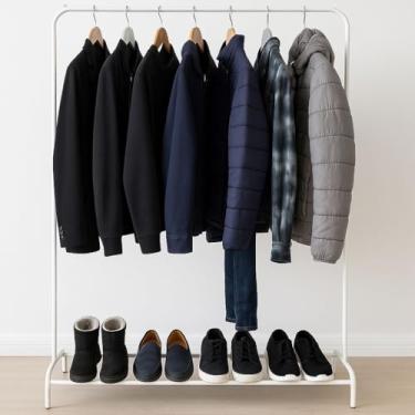 Imagem de Arara Cabideiro de Chão de Metal com Sapateira e 1 Prateleira - Suporte para Roupas, Casacos, Bolsas, Calçados - Compacto, Desmontável, Resistente, Multiuso - Organizador para Quarto, Loja e Closet