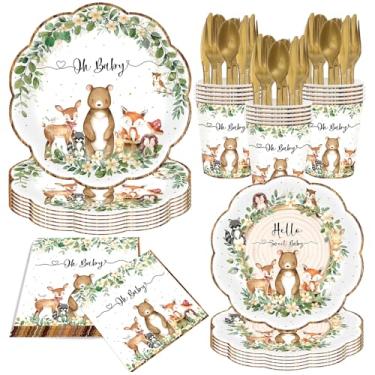 Imagem de 140 peças de decorações de chá de bebê da floresta incluem pratos neutros de animais da floresta, guardanapos, copos, talheres, utensílios de mesa para meninos e meninas, suprimentos de festa, serve