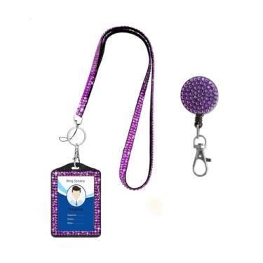 Imagem de Cordão de pescoço de cristal 3 em 1, suporte de crachá de identificação brilhante, suporte de cartão de nome de trabalho com strass retrátil para professoras enfermeiras e médicas (roxo)