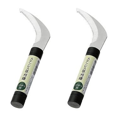 Imagem de JapanBargain, Faca de arbusto com foice de dente de serra, banana, sod, erva de ervas daninhas, faca de arbusto para acampamento, jardinagem, lâmina de aço inoxidável, cabo de madeira (2, 33,6 cm)