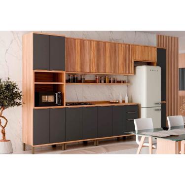 Imagem de Kit Cozinha Modulada 9 Peças Sauvignon (3Aéreos+2Balcões+1Paneleiro+1TorreQuente+2Complementos) C9P21 Amendoa/Chumbo-Ronipa