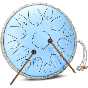 Imagem de 15 Notas 14 Polegadas Conjunto De Bateria De Língua De Aço D Instrumento De Percussão Chave Para Ioga Meditação Entretenimento Concerto Educação Musical Com Bolsa De Viagem E Ma, Blue