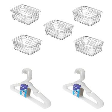 Imagem de Kit 5 Cestos Organizador Pequeno 16x12x6cm + 10 Cabides Transparente I