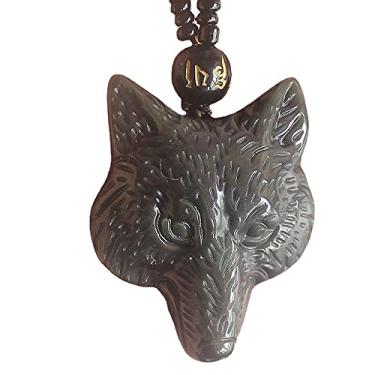 Imagem de Colar com pingente de raposa com cabeça de lobo de cristal obsidiana com corrente de contas para Wen ou Mulheres