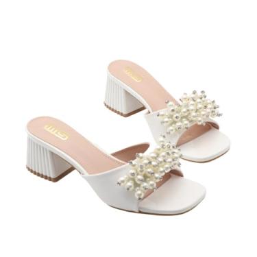 Imagem de FIFILAPIN Sandália feminina de salto grosso pérola sem cadarço moderna bico quadrado simples verão confortável salto bloco chinelos de formatura casual noite festa sandálias, Branco, 37