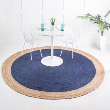Imagem de Tapete de área de juta trançado à mão, estilo boêmio, de fibra natural, ecológico, durável, ideal para cozinha, sala de jantar, entrada, cor azul marinho (240 cm x 240 cm)