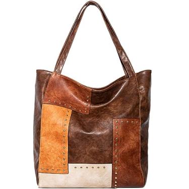 Imagem de KEEPOP Bolsa feminina de couro PU patchwork cor bolsa de ombro moda rebites Hobo bolsa grande e bolsa de mão, Marrom, One Size