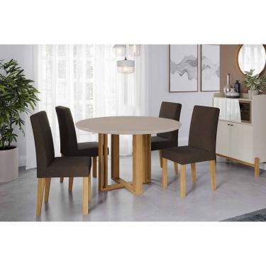 Imagem de Conjunto: Mesa de Cozinha Flora Tampo Madeirado c/ Vidro 109cm e 4 Cadeiras Maia Cinamomo/Off White - Nature/Suede Mascavo Chocolate - Cimol