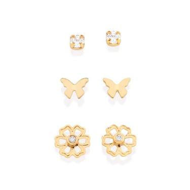 Imagem de Kit brinco borboleta, flor e solitário banhado a ouro 18k com zircônia