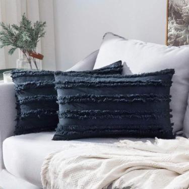Imagem de Capas de almofada MIULEE decorativas de linho listradas 30x50cm azul m