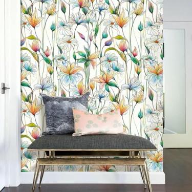 Imagem de ESSMOKO Papel de parede arco-íris série floral PVC impermeável papel de parede autoadesivo para quarto, sala de estar, hotel adesivo de fundo E 45 * 500 cm