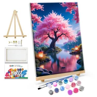 Imagem de JOOZ Kit de pintura por números para adultos com cavalete flor de cerejeira pintura por número com moldura cenário de lago kits de pintura a óleo por números para presente decoração de parede de casa