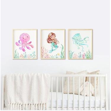 Imagem de Quadro Menina Infantil Sereia Aquarela - Kit com 3 Molduras - no-brand