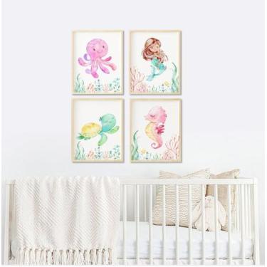 Imagem de Quadro Decorativo Menina Sereia e Fundo do Mar - Kit com 4 Molduras - 