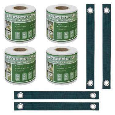 Imagem de 4 peças de protetor de tronco de árvore de 7,6 cm x 100' com 4 peças de tiras de árvore para estacar, envoltório de árvore respirável e à prova de sol para o inverno, protege árvores jovens e