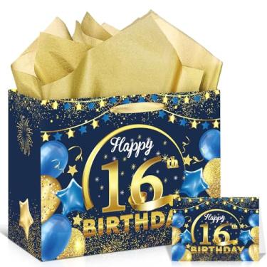 Imagem de Wayyogh Bolsa de presente de aniversário de 16 anos, azul, grande, azul marinho, dourado, feliz aniversário de 16 anos, com cartão de felicitações de papel de seda