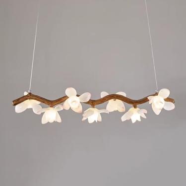 Imagem de Lustre linear moderno de 7 luzes de meados do século, lustre de vidro leitoso com flores, luminária pendente linear de madeira vintage, luminária rústica de teto para sala de jantar, ilha de