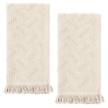 Imagem de XLIUAX 2 peças de toalha de mão de banheiro boho, 33 x 76 cm toalha de rosto decorativa de algodão turco toalhas de mão macias para casa de fazenda boho decoração de banheiro cozinha hotel spa (bege)