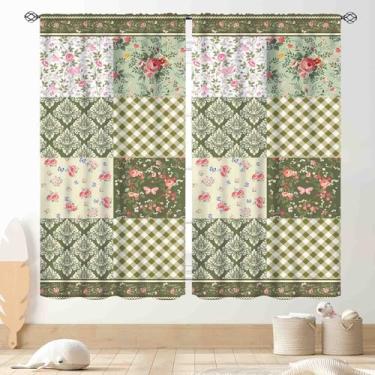 Imagem de Cortinas verdes boho, patchwork boêmio, floral, vintage, costura, flor quadriculada, primavera, retrô, tratamentos para sala de estar, quarto, cozinha, banheiro, 2 painéis, 132 x 213 cm