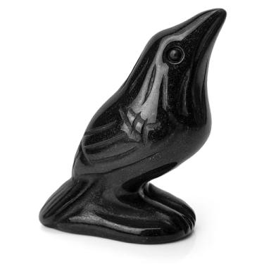 Imagem de Estatuetas de corvo obsidiana preta natural, estátuas de animais de cristal de cura de 5 cm – Escultura criativa de pássaro artesanal, estatueta de corvo guardião da sorte, ornamento de pedra de