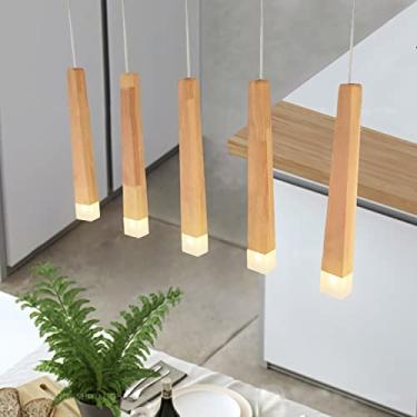Imagem de Luminária pendente de madeira LED, luminária criativa de mesa de jantar com formato de fósforo, luz branca quente (3000K), lustre com altura ajustável, luminária de sala de jantar, luminária