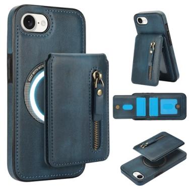 Imagem de Capa carteira removível para iPhone 16e compatível com carregamento sem fio Magsafe com suporte para cartão, bolso com zíper, suporte 2 em 1 à prova de choque (azul)