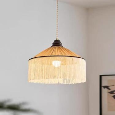 Imagem de Lustre rústico de fazenda com abajur de tecido com borlas, luminária pendente de 19,7 polegadas para sala de jantar, ilha de cozinha, luminária suspensa vintage para decoração rústica e ilum