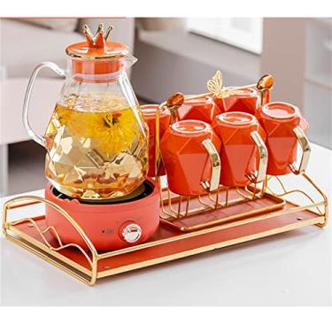 Imagem de Conjunto de copo de água nórdico conjunto de água de cerâmica copo hospitalidade casa conjunto de sala de estar chaleira de vidro com base quente (cor: A, tamanho: kit de 6 xícaras)