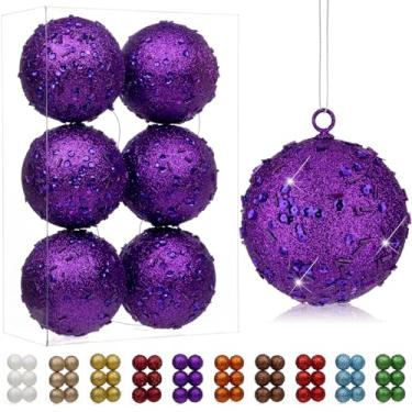 Imagem de Enfeites de bolas de Natal grandes de 8 cm, 6 peças, enfeites de Natal roxos grandes à prova de estilhaçamento para árvore de Natal a granel com glitter, enfeite de árvore de Natal grande para árvores