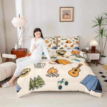 Imagem de Manfei Conjunto de edredom casal Happy Camping, acessórios para barraca de trailer, 3 peças, tema de aventura para todas as estações, decoração de quarto de crianças, meninos e meninas, 2 fronhas, sem