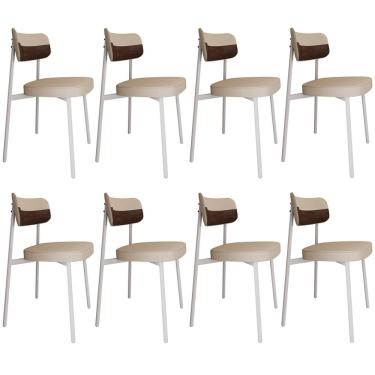 Imagem de Kit 08 Cadeiras Estofada Para Sala de Jantar Astrid Branco C01 Linho Areia Courino Whisky - Lyam Decor