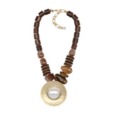 Imagem de Colar com pingente de pérola para mulheres, contas de madeira, declaração grossa, resina, dourado, pingente étnico, tribal, boêmio, moda, joias vintage, 18.5 inch, Madeira Acrílico Resina, Sem Pedra