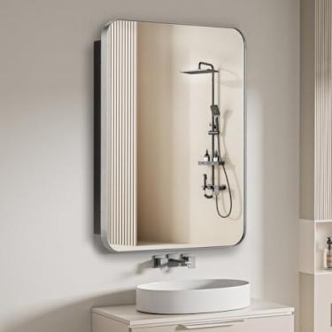 Imagem de FOMAYKO Armário de remédios para banheiro com porta espelhada emoldurada de aço inoxidável – Prateleiras de vidro de remoção, armário de armazenamento de banheiro montado na parede (níquel, espelho