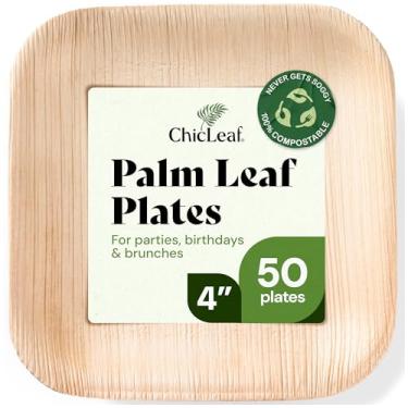 Imagem de Chic Leaf Pratos de bambu descartáveis para folhas de palmeira, como quadrados de 10 cm (pacote com 50) – Pratos de madeira biodegradáveis compostáveis pequenos estilizados para casamentos, festas e eventos