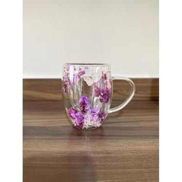 Imagem de Caneca Xícara de vidro duplo com flores artificiais no interior 350ml (03-B)