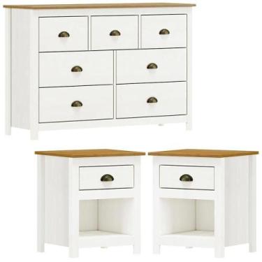 Imagem de Comoda 7 Gav E 02 Mesas De Cabeceira Madeira Maciça Branco Freijo Mila